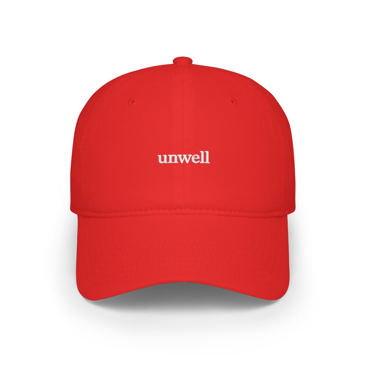Black baseball cap featuring the word "unwell" embroidered in white. The cap has a curved peak and an adjustable strap at the back. The material appears to be soft and durable. - Official hats merchandise